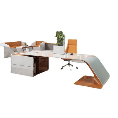 Mobili da ufficio design lussuoso scrivania esecutiva lucida a forma di L e armadietto di lunghe dimensioni