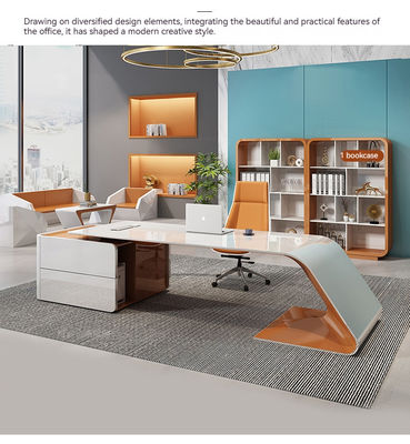 Mobili da ufficio design lussuoso scrivania esecutiva lucida a forma di L e armadietto di lunghe dimensioni