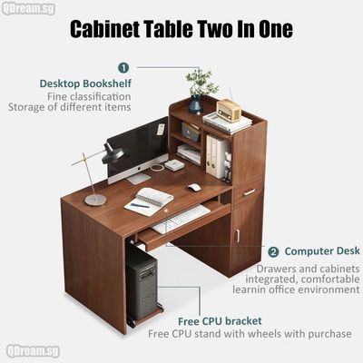 Tavolo per computer minimalista con libreria e cassetto